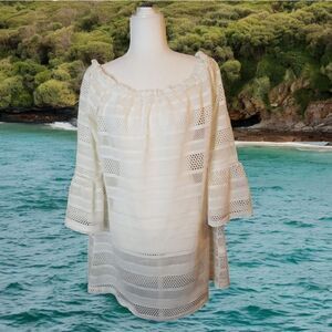 Blue Island Pullover Cover Up Bell Sleeve White Lace SIze XL